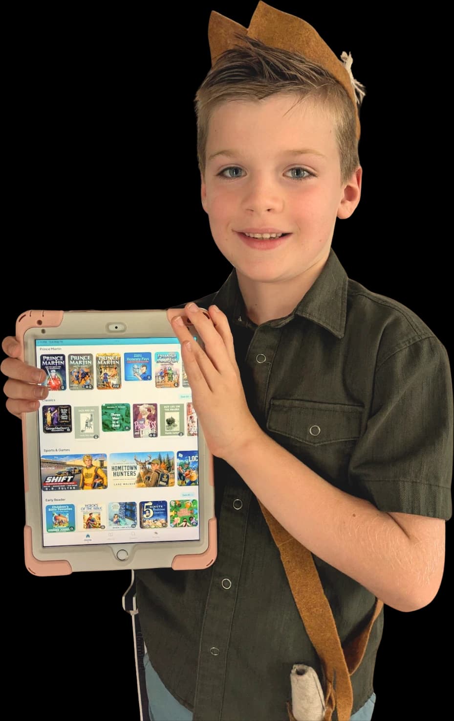 A child dressed as Robin Hood holding an iPad with the Sherwood app