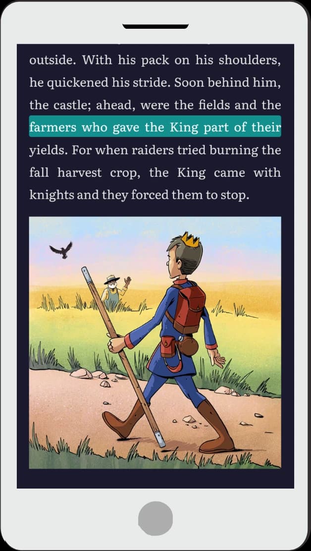 Sherwood read-along in dark mode on a phone — one line highlighted in mint as the narrator reads, with a chapter-book illustration below