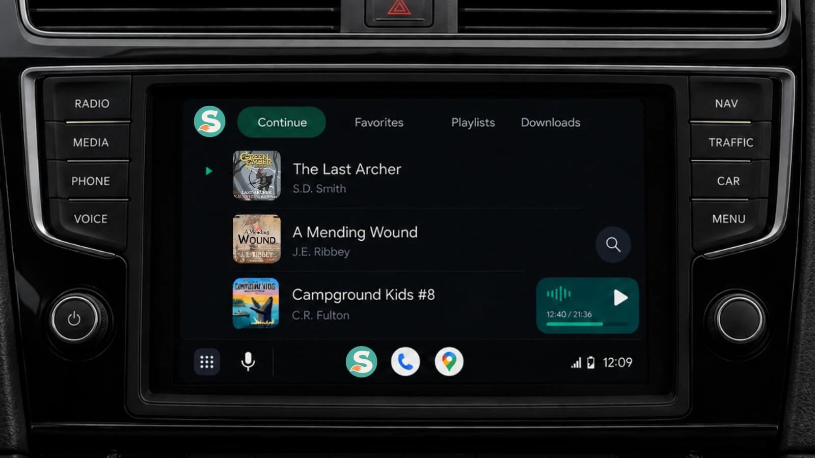 Sherwood on a car dashboard via Android Auto, showing audiobooks in the Continue tab