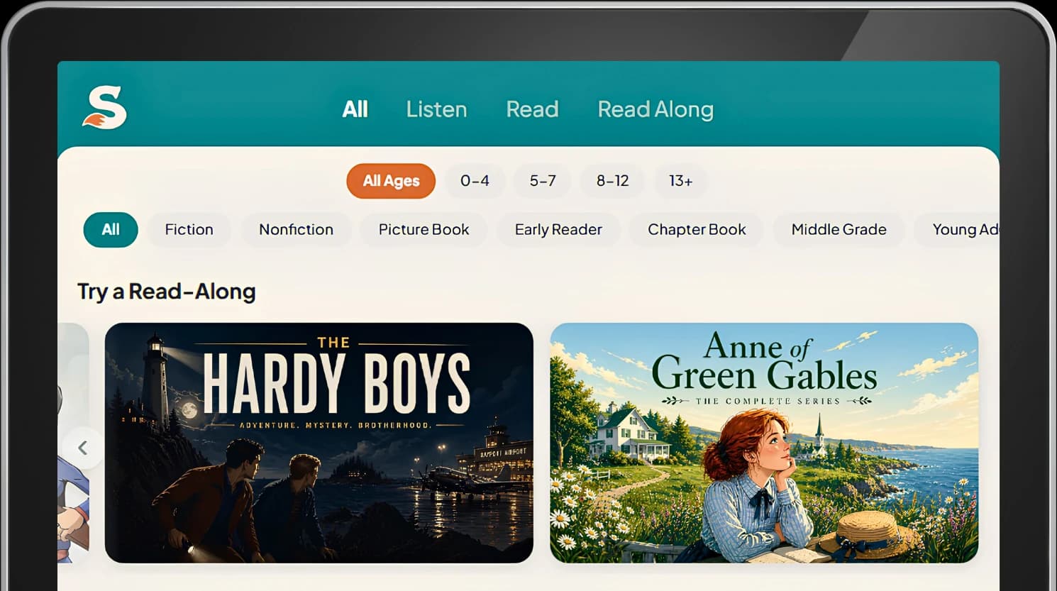 Sherwood library browse view on an iPad — All/Listen/Read/Read Along format tabs at the top, age range chips below (0–4 through Young Adult), genre filters in a row, and a Try a Read-Along section with featured covers