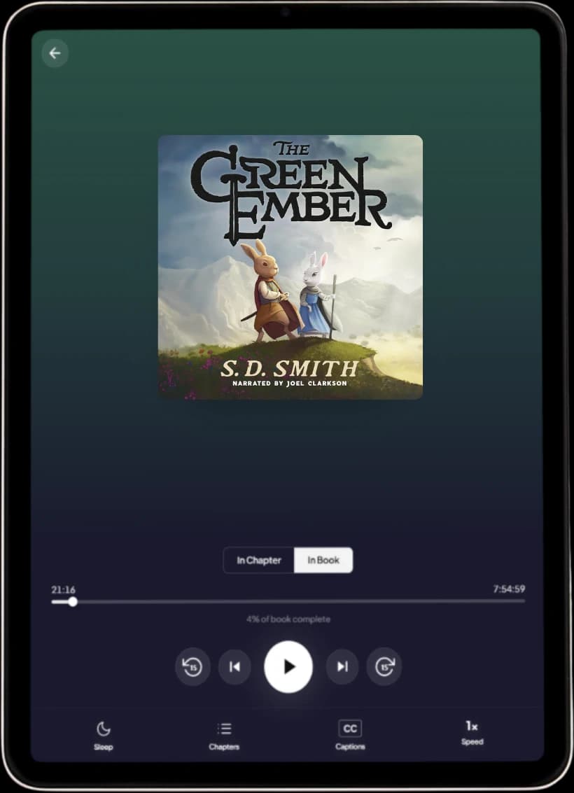 An iPad playing The Green Ember audiobook in Sherwood — chapters, captions, sleep timer, and playback-speed controls visible