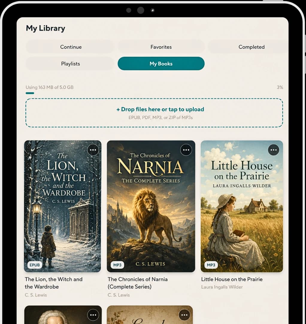 Sherwood My Books library on an iPad — drag-and-drop upload area at the top with a grid of personally uploaded book covers below