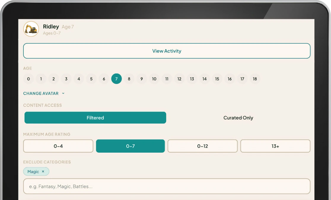 Sherwood profile-editing screen for a child named Ridley, age 7 — an age selector, Filtered vs Curated Only content access, a 0–7 maximum age rating, and excluded categories like Magic