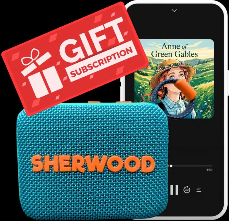 A Sherwood gift subscription: a free Bluetooth speaker plus the app playing an audiobook