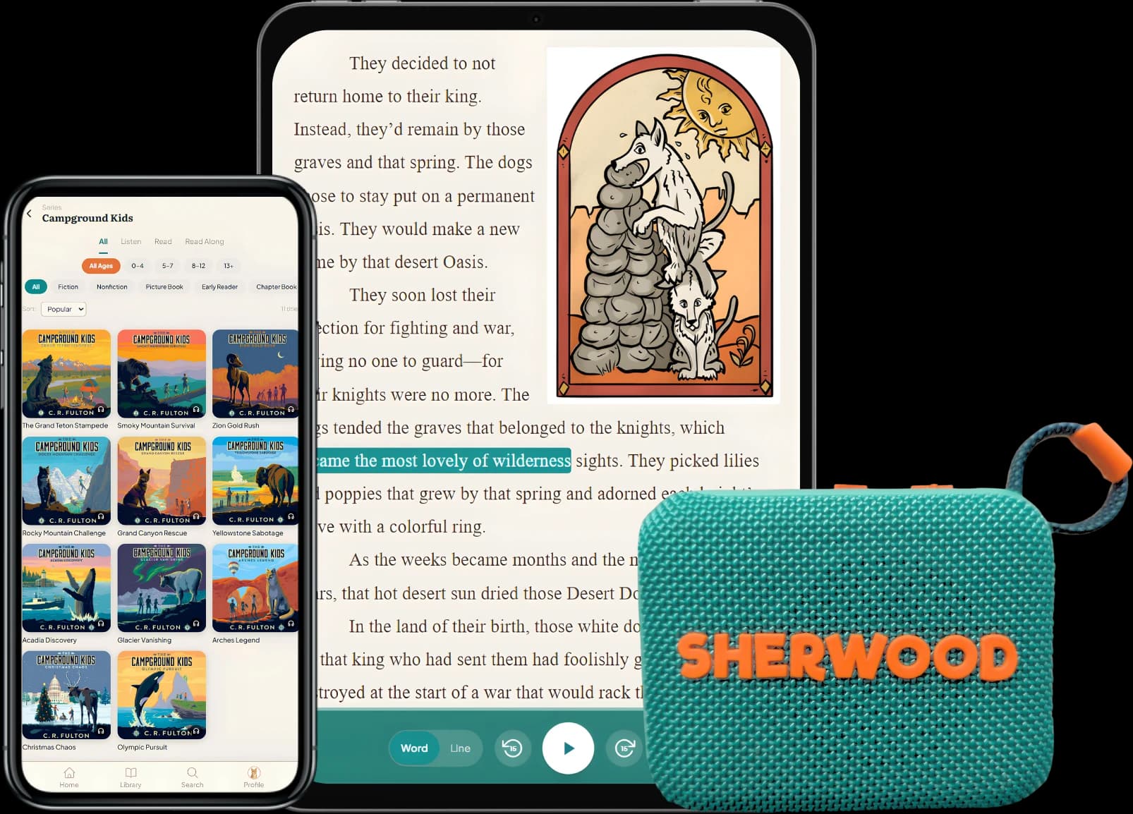 Sherwood on a phone showing the library, a tablet showing word-by-word read-along, and the Sherwood Bluetooth speaker