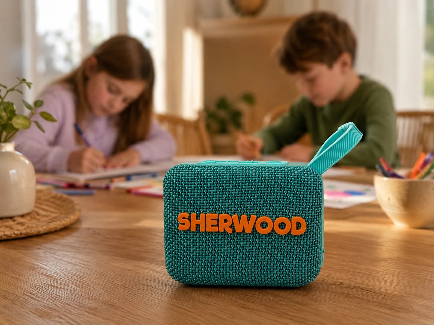 Kids working on crafts together at a table while a Sherwood story plays through a speaker — the screen-free moment a parent pictures
