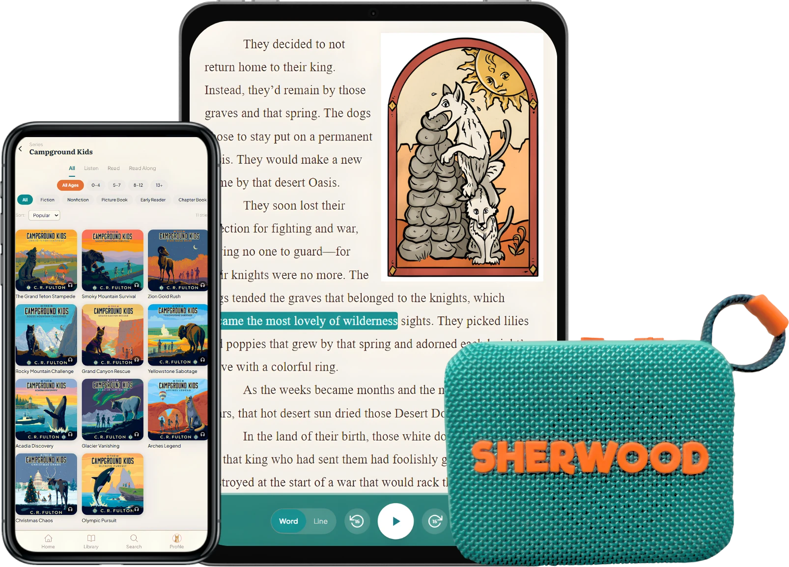 Sherwood on tablet and phone with the Sherwood Speaker